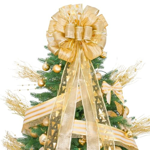 Weihnachtsbaumspitze, 81,3 x 30,5 cm, große Schleife mit Glitzer-Satin-Netz, goldene Weihnachtsbaumspitze für Weihnachtsdekoration (goldfarben), runde Baumspitze