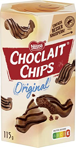 Nestlé CHOCLAIT CHIPS Original, leckere Knusperchips umhüllt mit leckerer Milchschokolade und verfeinert mit Dekorstreifen aus dunkler Schokolade, 1er Pack (1 x 115g) | Knusper-Snack mit Milchschokolade, verfeinert mit Dekorstreifen aus dunkler Schokolade, wiederverschließbare Faltschachtel