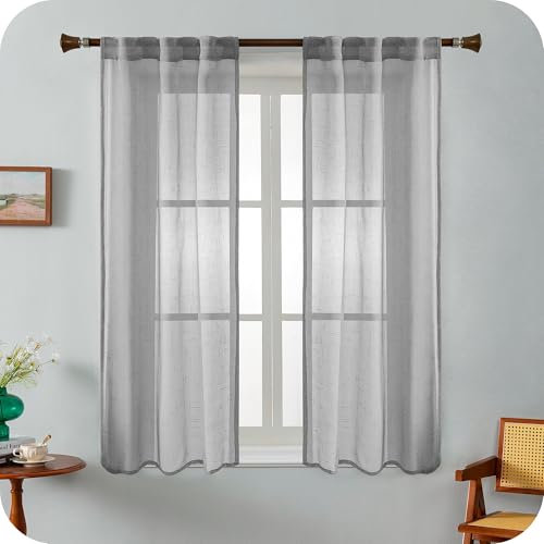GIRASOLE Paire de rideaux en voile transparent effet lin, pour salon, chambre à coucher, balcon, fenêtre et intérieure, 2 panneaux avec passants (gris, 70 x 150 cm)