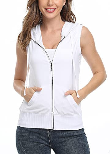 MISS MOLY Ärmellos Sweatjacke Damen Weste Hoodie Shirt mit Reissverschluss Kurzarmjacken Sweatshirt Weiß Large