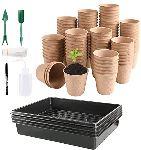 Godet Semis, Pot Semis Biodegradable Lot de 100 Petits Pots de Fleurs et Plateaux pour Semis en Fibre de Carton 6 cm Compostables avec étiquettes, 4 Plateaux de Graines sans Trous de Drainage