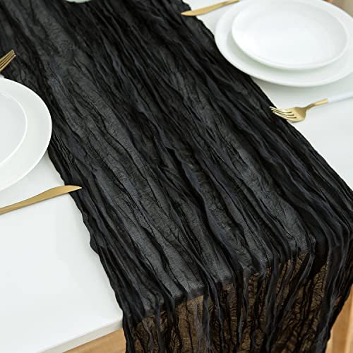 DROMCOM 2 Stück 90 x 300cm Schwarz Seihtuch-Tischläufer lang Rustikaler Gaze-Tischläufer, Romantischer Halbtransparenter Stoff Tischdecke Tischläufer Boho für Hochzeit Dekoration, Geburtstagsparty