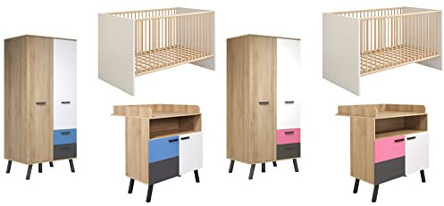 trendteam smart living - 3-teilige Babyzimmerkombination Babyzimmermöbel - Babyzimmer - Mats Color - Farbe Bianco Buche/Weiß/Grau mit Blau/Rosa - 1976602D4