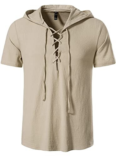 Mens Hooded Lace up Shirts Summer Regular Fit Short Sleeve Hoodies Smart Casual Lightweight Cotton Beach Hood T Shirt Tops-Khaki-2XL