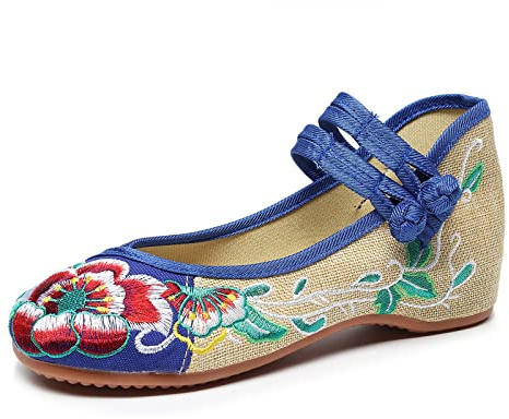 YunPeng Women Mary Jane Flat Shoes Casual Chinese Traditional Embroidered Ballet Canvas Shoes Blue
