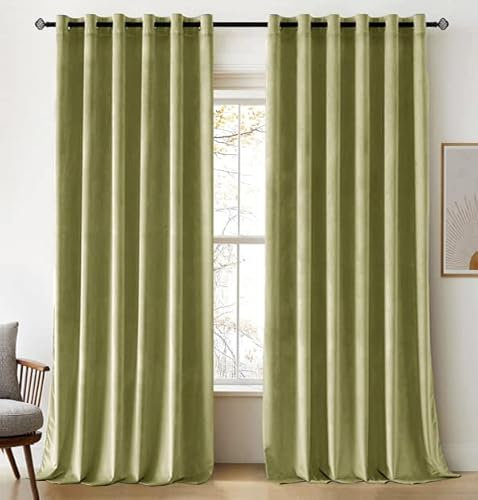 Woaboy Velvet Curtains 90 Drop Sage Green Curtain for Living Room Thermal Blackout for Bedroom Luxury Eyelet Drapes Soft Window Treatment Insulated Soundproof & Room Darkening W 90 x L 90 2 Panels