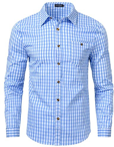 LUYANA Oberhemden Herren Langarm Freizeit Hemd Herren Plaid Oktoberfest Hemd Bayerischer Stil Hellblau XL