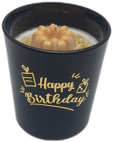 Duftkerze mit 3D Kuchen und goldenen Happy Birthday Spruch und hochwertigen Sojawachs ideal als Wohn-/Esszimmerdeko und für deinen Herzensmensch
