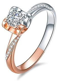 AMDXD 18K Weißgold & Rotgold Eheringe, Solitärring Herz mit Diamant Diamantring Weiß, Gr.62 (19.7), Echt Gold Schmuck