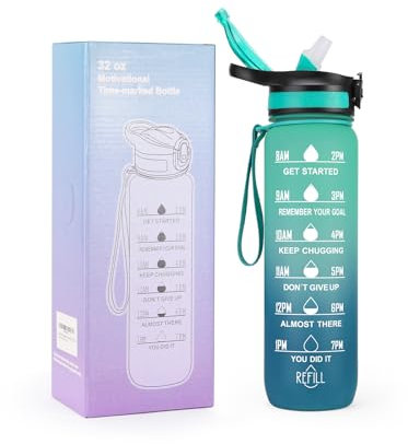 CHEERSONIC 900 ml Wasserflasche mit Trinkzeiten und Strohhalm, motivierende Trinkflaschen mit Tragegurt, BPA- und giftfrei, auslaufsichere Flasche, perfekt für Fitness, Fitnessstudio und Outdoor