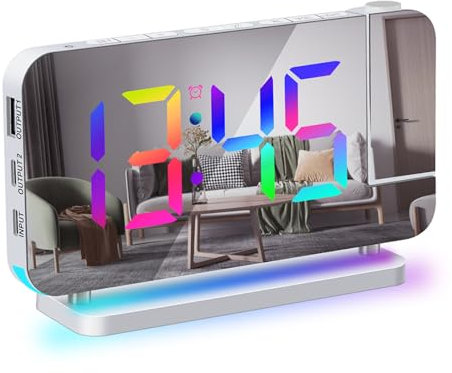 Irishom Projection Alarm Clock Digital Clock for Bedroom 7-inch RGB Colorful LED Clockwith 180° Projector Mirror Display 6-level Brightness Dimmer USB Charger Snooze Function 12/24H 11 Colors