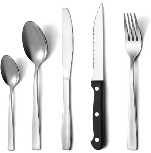 Pleafind couverts de table, 30 pièces couverts, couverts pour 6 personnes, couverts inox, set couverts de table avec couteau à steak, poli miroir, design ergonomique, lavable au lave-vaisselle