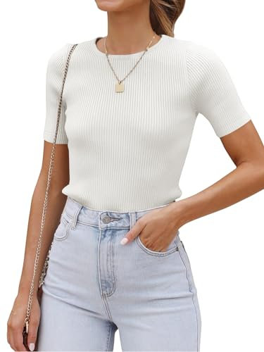 Eniloyal Tshirt Damen Elegant Sommer Basic Oberteile Kurzarm Outfits Arbeitsshirt Leicht Luftig Rippshirt Shirt RIPP Ripped Weiss L
