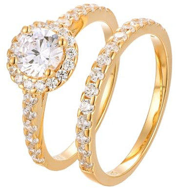 BlinqBlinq Elegantes 925 Silber Ring Set 18K vergoldet mit Zirkonia Steinen in Geschenk Box 2 Ringe Größen 50 52 54 56 58 60 Vorsteckring Damen Ring Gold Wasserfest Goldschmuck Riga 52