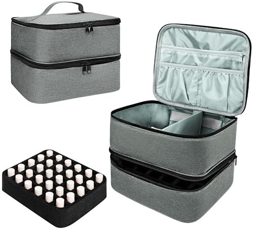 Doppelschichtige Nagellack Organizer, Nagellack Aufbewahrung Tasche, Tragbare Tragetasche für Nageldesign Kosmetiktasche Zubehör für 30 Flaschen(15ml-0.5 FL.oz) und 1 Nagellampe (Grey)
