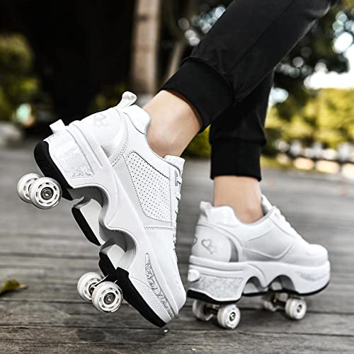 Rollschuhe für Kinder, verstellbare Rollerskates für Mädchen, Quad-Skates-Deformationstrainer für Erwachsene und Anfänger, Turnschuhe mit unsichtbarem Rad für Jungen (Weiß, EU 40)