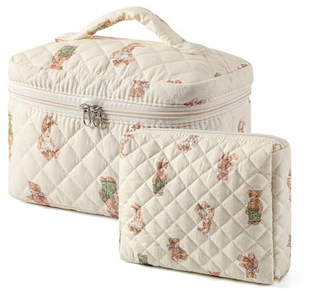 RSRSLEII Lot de 2 grandes trousses de maquillage matelassées en coton avec motif floral mignon pour femmes et filles, trousse de toilette organisée de voyage, Motif ours 02