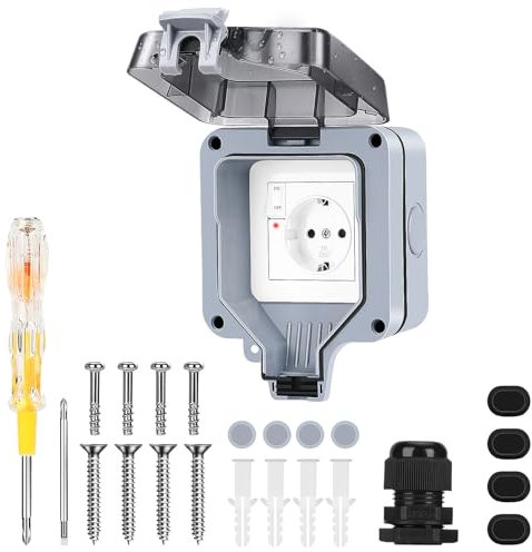 Enchufe Exterior Impermeable,Enchufe Exterior Estanco IP66, 1 Compartimento con Interruptor Enchufes Exterior - Toma de Corriente Impermeable para Jardín, Cocina, Garaje Enchufe Estanco Exterior