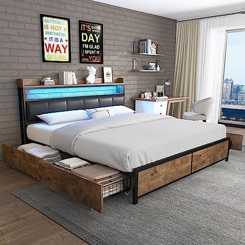 Merax Stauraumbett 180 x 200 cm mit 4 Schubladen, LED Doppelbett mit Metall Lattenrost & PU Kopfteil, Industrielles Polsterbett für Erwachsene & Jugend, Schwarz (Ohne Matratze)