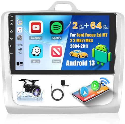Hikity 2G+64G Android 15 Autoradio per Ford Focus Mk2 Mk3 Exi MT 2 3 2004-2011 con Wireless Carplay Android Auto 9Pollici Car Radio Stereo con GPS Navi WiFi DSP FM RDS Bluetooth Telecamera Posteriore