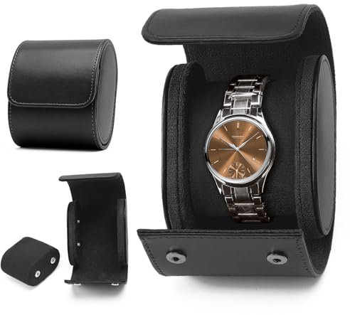 KoGiio Uhrenbox,Wasserdichte Retro-Uhrenaufbewahrungsbox,Uhrenkoffer mit Herausnehmbaren PU Lederuhrenhalter Uhrenkissen, Tragbare Reiseetui Uhrenschatulle, Samtfutter,Uhrenrolle - 1 Slot - Schwarz