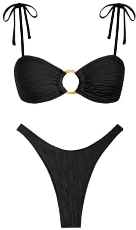 ZAFUL Sexy Damen-Bikini, Spaghettiträger, strukturierter O-Ring, gerüscht, hohes Bein, Badeanzug, freche Badeanzüge, 1-schwarz, Medium