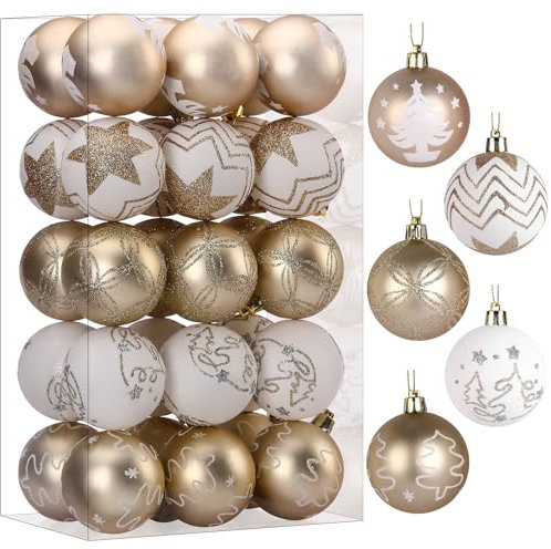 SHareconn Set di 30 palline per albero di Natale, 6 cm, palline in plastica colorata infrangibile, decorazioni per albero di Natale, festività e matrimoni (champagne oro & bianco, 60 mm)