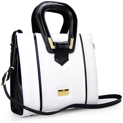 Zamponi Damen-Umhängetasche aus echtem Leder, elegant, hergestellt in Italien, Handtasche und Schultertasche mit goldfarbener Kette, Weiß/Schwarz