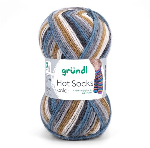 Gründl Hot Socks Color, Sockenwolle mit Farbverlauf blau braun grau, Strumpfwolle 4-fach, 4-fädig, Sockengarn, 50g | 75% Wolle, 25% Polyamid (419)