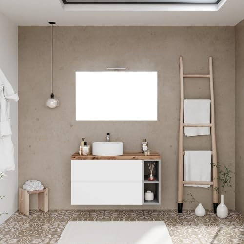 Kiamami Valentina MOBILE BAGNO SOSPESO 100CM BIANCO CON VANO A GIORNO GRIGIO, TOP ROVERE E SPECCHIO 100X60 | NIZZA
