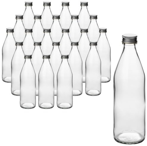 gouveo Lot de 24 bouteilles en verre 330 ml Rétro – Verre transparent de qualité supérieure avec bouchon à vis PP28 (argenté) – Idéal pour boissons, huiles, liqueurs et conservation (SFR330S)