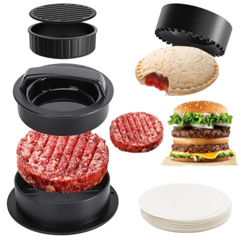 ZMREN Burgerpresse 4 in 1, Burger Pattie Presse, Hamburgerpresse + 100 Blatt Antihaftpapier, für Burgerpresse rund Zum Herstellen Von Burger Patties Mit Oder Ohne Füllung