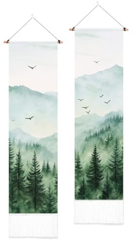 PLIGREAT 2er Pack Berg Wald Wandteppich Nebel Nebel Wald Wandbehang Quasten Aquarell Baum Landschaft Vögel Ästhetische Wandbehang für Schlafzimmer Badezimmer Wohnzimmer Natur Landschaft Wandteppich