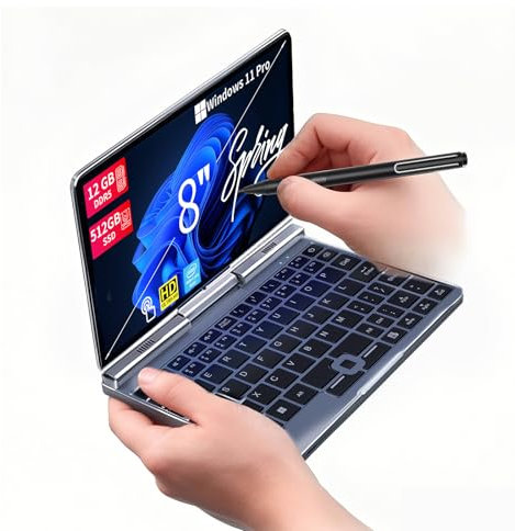 8-Zoll 2-in-1 Mini-Laptop mit QWERTZ-Tastatur, drehbarem HD-Touchscreen & Stiftunterstützung, Windows 11 Pro, Intel N150, 12GB RAM, 512GB SSD, Wi-Fi 6, BT 5.2, HDMI, Typ-C, 2MP Kamera