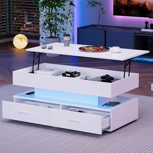 KOMHTOM Table Basse relevable Blanche avec Rangement, Table de Salon LED avec Deux tiroirs Meubles de Salon Modernes (Blanc)