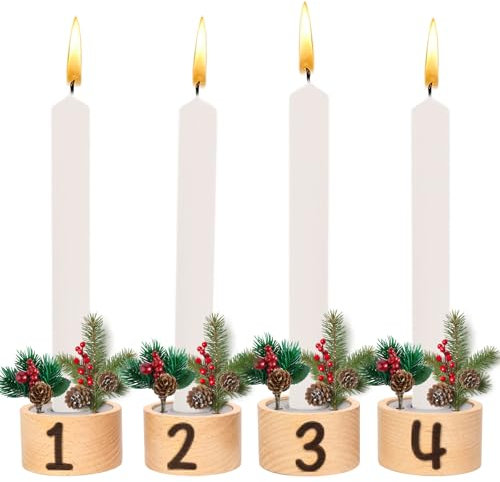 LAMEK 4 Stück Adventszahlen Kerzenständer Holz Weihnachten Kerzenhalter Adventskerzenhalter Advent Kerzenstecker Adventstassen Stabkerzenhalter Tischdeko für Adventskranz Adventsgestecke Weihnachten