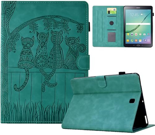 Vaitasy Coque pour Samsung Galaxy Tab S2 9.7 2015 SM-T810/T815 Mignon modèle de Dos de Chat Cuir PU avec à Angles de Vision Multiples Étui pour Galaxy Tab S2 9.7 Vert