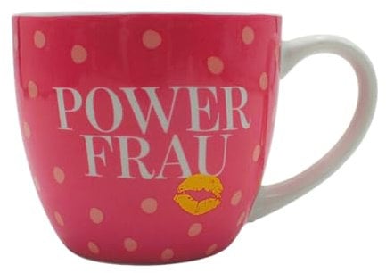 Dekohelden24 XXL Trinkbecher - Maxi - Kaffeebecher - Tassengeschenk Freundin, Kaffeetasse, Motiv: Power Frau, in rosa, Größe H/Ø: 9,2 x 10,5 cm, Fassungsvermögen 400 ml, Spülmaschinengeeignet.