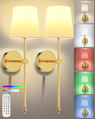 rhinowisdom Battery Operated Wall Lights, 5200mAh Rechargeable Wall Lights Indoor with 15 Lighting Colors, Wireless Wall Sconces Set of 2 with Remote for Bedroom, Living Room, and Hallway (Gold)