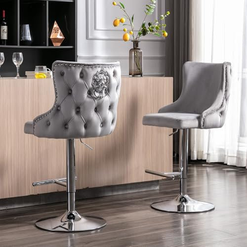 chairus Barhocker 2er Set Samt, Barstuhl Höhenverstellbar Moderne Tresenhocker mit Lehne Küchenhocker Drehbar für Küche, Theke,Grau