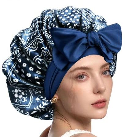 YENTEN Satin Haarhaube für Damen, Doppelseitig Seidenhaube Zum Schlafen Schlafhaube Haare Schützen für die Nacht Bonnet mit elastischem Band Blau