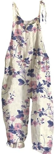 EMUKFD Salopette da donna UK gamba larga Boho stampa tuta floreale vestibilità ampia tutina cotone lino estate spiaggia senza maniche tutine salopette salopette tuta traspirante ampia casual vacanza