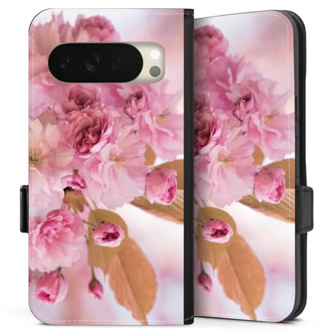 Custodia a portafoglio compatibile con Google Pixel 10 Pro Custodia per cellulare di similpelle nera Cover a libro Fuori di ciliegia Petali Fioritura