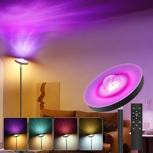 IEGLED LED Deckenfluter mit Wasserwellen-Projektor, 24W Stehlampe Wohnzimmer Dimmbar, RGB Ambientebeleuchtung, 2700-6500K, Fernbedienung, Moderne Stehleuchte für Schlafzimmer Gaming Zimmer Wohnzimmer