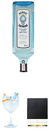 Bombay Sapphire Gin 1,75 Liter + Gin Sul Copo Ballon Glas 1 Stück + Schiefer Glasuntersetzer eckig ca. 9,5 cm Durchmesser