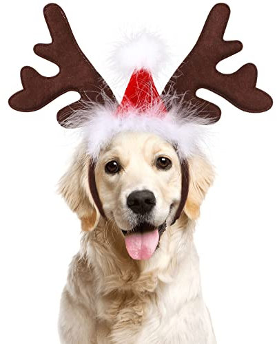 BESTOYARD Haustier Stirnband Weihnachten Rentier Geweih Stirnband mit Weihnachtsmütze Weihnachtskostüm für Haustier Hund Katze