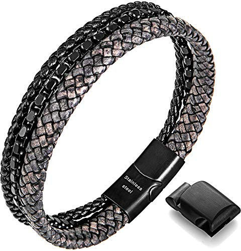 Speroto Herren Armband,Leder Armbänder für Herren,Männer Edelstahl Armband mit Magnetverschluss (Grey, 7.50)