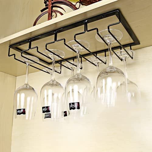 Warmiehomy Hanging Wine Glass Rack, Under Cabinet Stemware Rack for Bars & Kitchen - Black Metal Champagne Glass Goblets Holder (40x22.5/4 slots)
