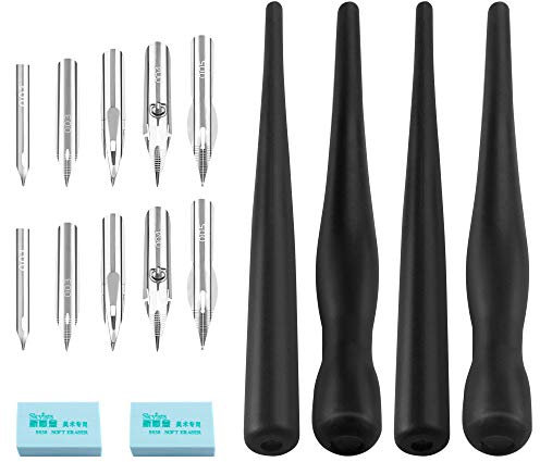 Huayue 2 Sets Comic Drawing Painting Tools Kit, Calligraphy Pen Nib Pens Manga Painting Kit 4 Dip Pen Holder + 10 Nib + 2 Drawing Eraser for DIY Craft Sketching Mapping, Black