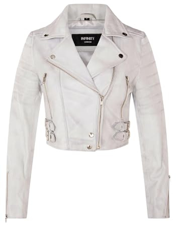 Ladies Cropped Jacket Short Body Gothic Top White Chic Biker REAL LEATHER Jacket XL